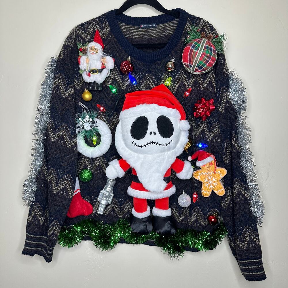 Ugly Christmas Sweater Jack Skellington LIGHTS UP Tinsel Xmas Party Winner Sz XL